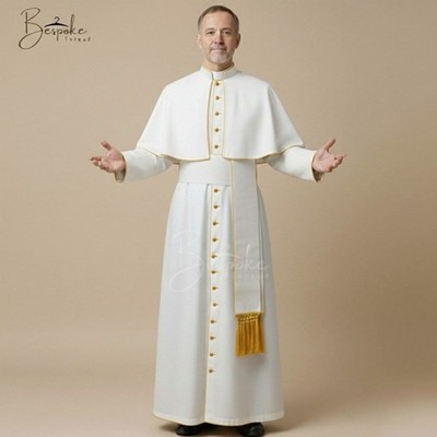 White Priest Cassock Gold Trim Pellegrina Cape Pope Clergy Robe Catholic Simar