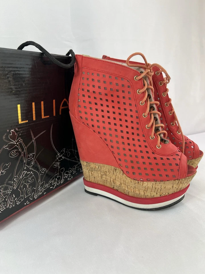 Sandalias con cordones de cuña LILIA Felicia-12 Coral Peep Toe talla 9 - Usadas Foto 2 de 4