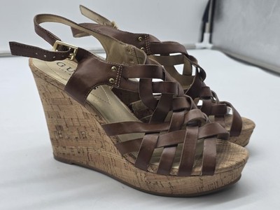Guess Sandals Womens Brown Strappy Cork Wedge Slingback Heel Shoes