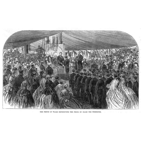 Prince of Wales Giving Prizes on the Training Ship Worcester -Antique Print 1866