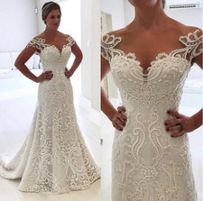 Elegant White Lace Appliques Mermaid Wedding Dress with Beading and Sweep Train