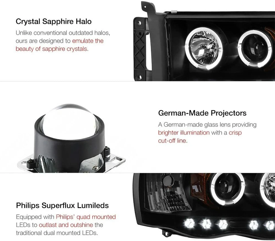 Black Smoke Fit 2002-2005 Dodge RAM Halo Projector Headlights LED Bar Left+Right - Image 3 of 4