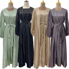 Satin Women Muslim Abaya Open Cardigan Kimono Dress Kaftan Ramadan Robe 2pcs Set