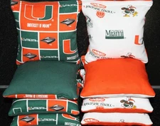 8 All Weather CORNHOLE BEANBAGS made w  MIAMI HURRICANES Fabric