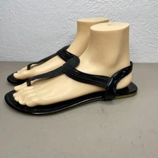 No Brand Womens Black Glitter T-Strap Pull-on Flat Sandal Size 8 M