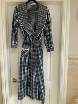 Vintage Eileen West Robe Womens large Blue Plaid Cotton Lace