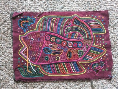LATIN AMERICA ORIGINAL KUNA APPLIQUED FISH MOTIF AQUATIC MOLA ART TEXTILE PANAMA