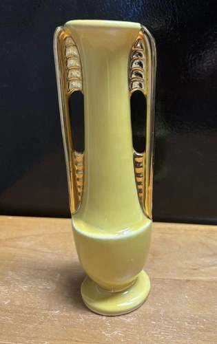 Shawnee Pottery Art Deco VTG Yellow Bud Vase Double Gold Handled 8" USA MCM
