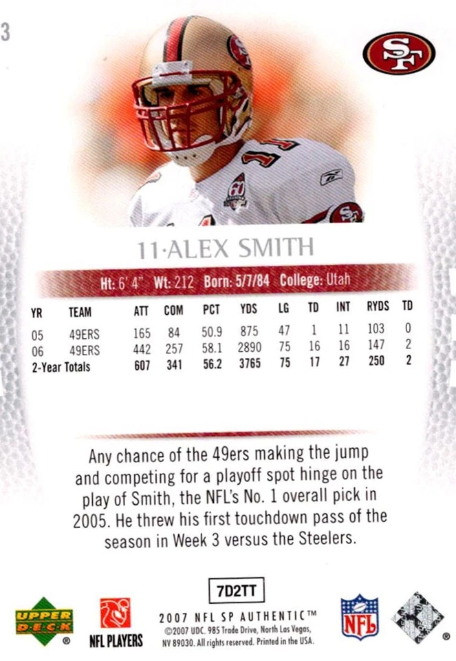 2007 SP Authentic Alex Smith San Francisco 49ers #3 - Image 2 of 2