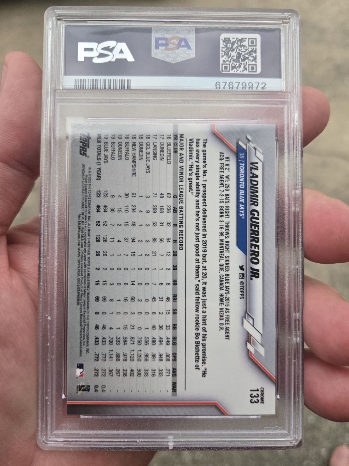 2020 Vladimir Guerrero Jr. Topps Chrome #133 PSA 10 ~ Rookie Cup view 2