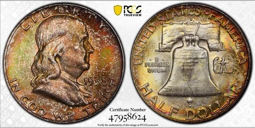 1958-D FRANKLIN HALF DOLLAR PCGS MS66 958624 - NICELY TONED