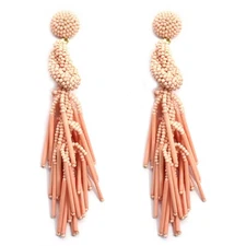 Handmade Beaded Peach Salmon Solid Color Post Statement Earrings 4 Inch