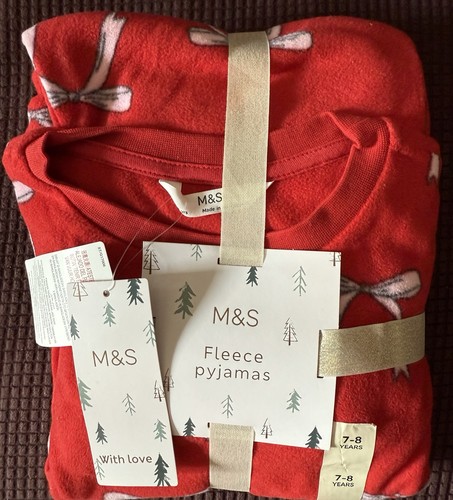 M&S Girls Red Bow Print Fleece Pyjamas 7–8 Years New With Tags