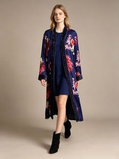 NWOT Johnny Was Aster Velvet Trim Silk Lined Kimono Embroidered Floral Coat S