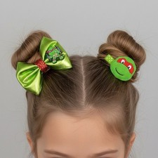  3.5" TMNT Raphael Green metalic Hair Bow & TMNT Clip 2 pc Handmade boutique set