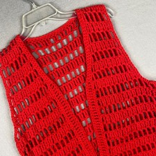 Vintage Red Crochet Fringe Vest Open Knit Sleeveless Boho Festival Top