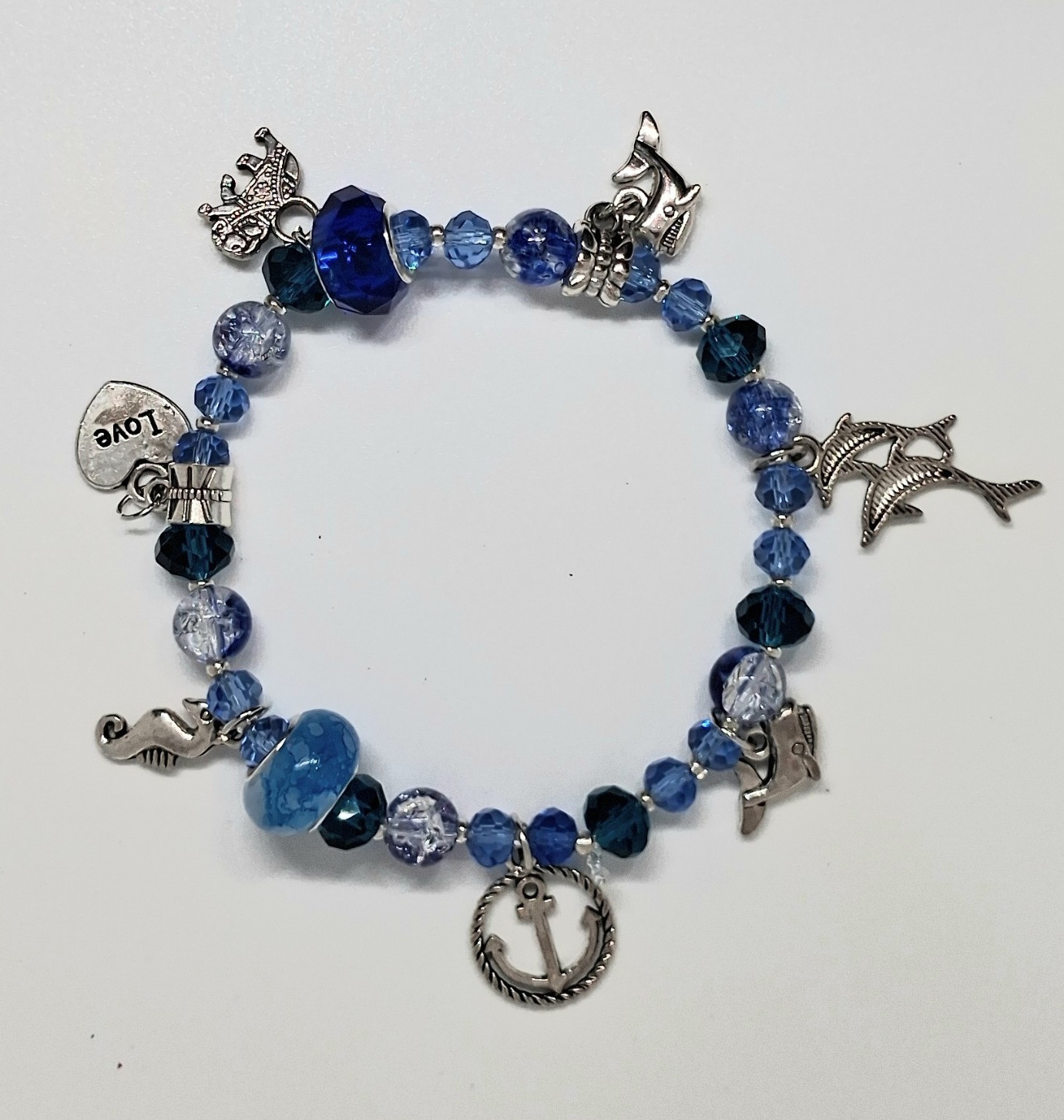 Blue & Silver Glass Beaded Charm Bracelet Toggle Sea Life Love Dangle