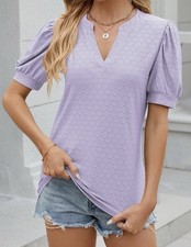 Women's Tops Eyelet Dressy Casual V Neck Puff Short Sleeve Business Blouses