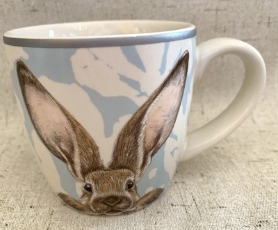 Williams Sonoma Coffee Mug Easter Rabbit Bunny HUGE EARS Blue Damask 8oz