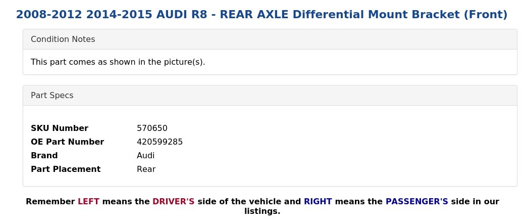 2008-2012 2014-2015 AUDI R8 - REAR AXLE Differential Mount Bracket (Front)