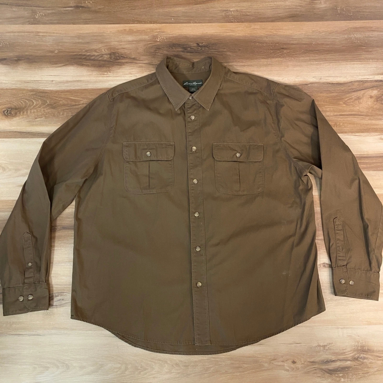 Eddie Bauer Shirt Mens XXL Long Sleeve Button Up Shirt Brown Cotton Work Utility