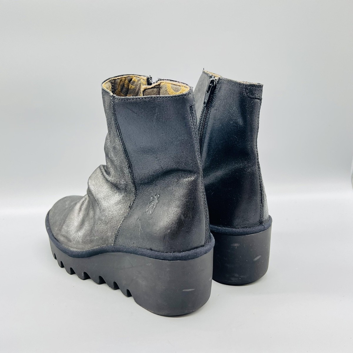 FLY London Boots Womens 8 Silver Black Leather Platform Ankle Wedge Zip Shoes View 5