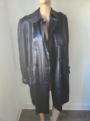 Escada Black Faux Leather Trenchcoat Sz L Ostrich Print Raincoat Old Money