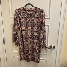 LOFT Womens Dress Sz S Long Sleeve Floral Geometric V-neck Tie Waist Lightweight