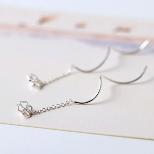 Solid 925 Sterling Silver Four Leaf Clover Long Tassel Threader Dangle Earrings - Picture 4 of 8