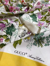 GUCCI Flora Silk Scarf Yellow Border Floral Accessory Collection 33.4in