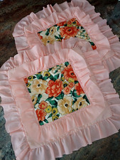 2 Handmade Peach Floral Frilly Quilted Throw Pillow Covers Vintage 15x15"
