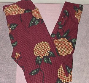 LuLaRoe Roses Leggings Burgandy with Yellow Rose One Size NWOT