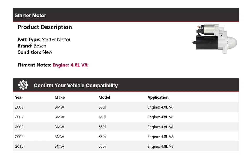 Arranque Bosch para BMW 650i 2006-2010 4,8 L V8 (nuevo) 2007 2008 2009 Foto 2 de 4