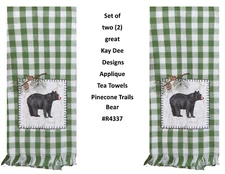 KAY DEE DESIGNS Pinecone Bear Appliqued R4337 Checked Tea Towels~18"x28″ Cotton