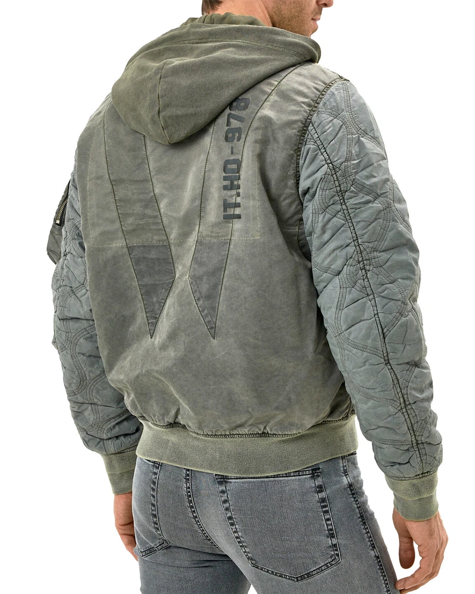 Diesel Mens Hooded Bomber Jacket Vintage Green Grey Padded J