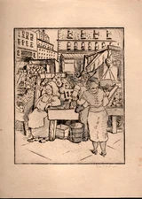 1930's Aaron Berkman College " OUTDOOR VEGETABLE MARKET " WPA  Etching N.Y.