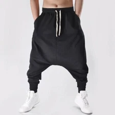 Mens Drop Low Crotch Sweat Pants Loose Tapered Drawstring Harem Trousers Fashion