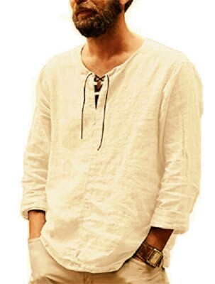 T Shirt Men Linen Off White Solid Long Sleeve Vintage V Neck Lightweight Fashion