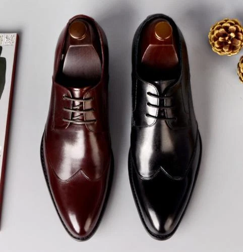 Mens Real Leather Dress Brogue Formal Business Shoes Oxfords Wedding Pointy Toe