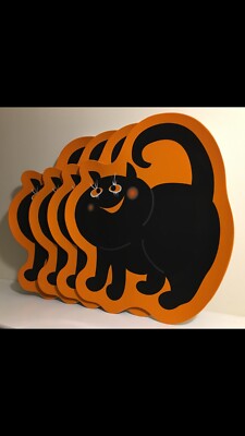 Halloween Black Cat Melamine Large Dinner Plates Orange and Black Lot of 4