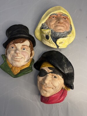 3 Bossons Chalkware Heads Pirate Sea Captain Dickens Character Lot Vintage Wall