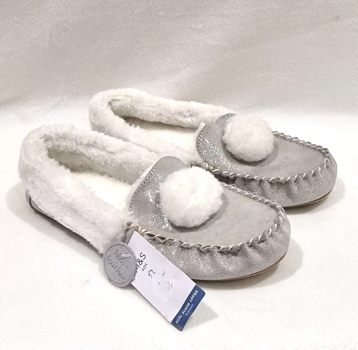 Marks Spencer Silver Glitter Kids Suede Pom Pom Slippers Size 5 Eu 38 Small