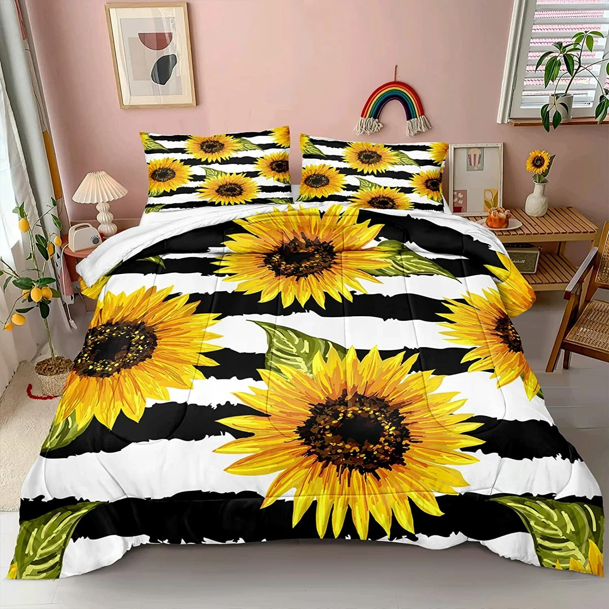 Sunflower Comforter Set Yellow Flower Comforter Black Stripes and