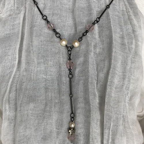 Vintage 90's Y2k Bess Nathan Lariat Y Necklace Pink Crystals Fresh Water Pearls - Picture 10 of 10