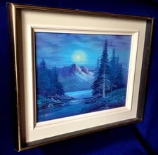 STUNNING Vintage Impressionist Moonlit Mountain Winter Landscape Oil Painting