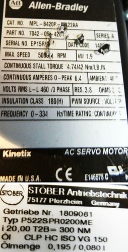 Allen-Bradley MPL-B420P-MK22AA Servomotor + Stöber P522SPR0200ME Getriebe -used- - Bild 3 von 3