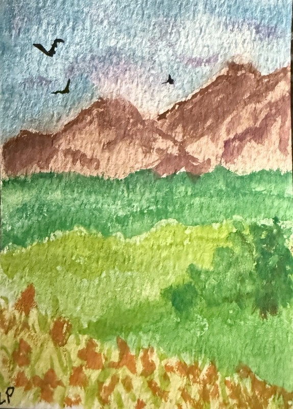 ACEO Original Landscape watercolor by Lisa Post. “Mountains & Meadows”