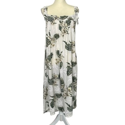 Sunny Island Hawaii White Tropical Floral Maxi Dress Size Medium Boho Tropical