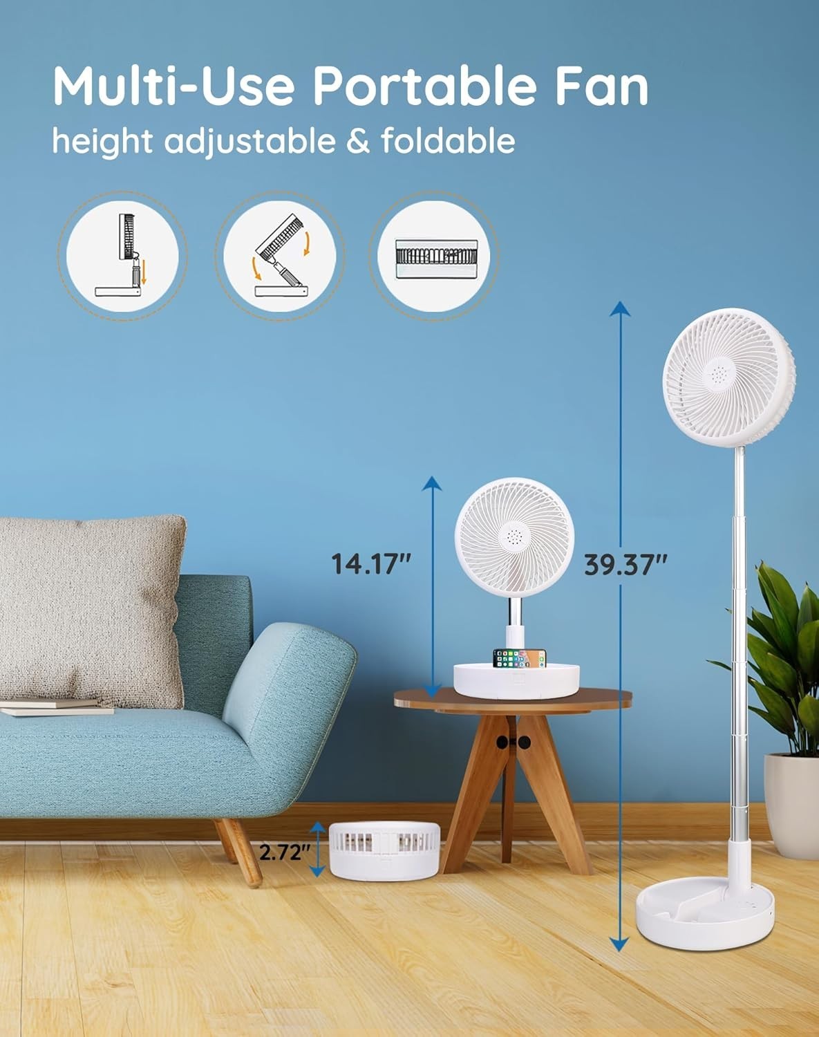 Ventilateur Pliable 8'' Silencieux à Autonomie 21H Primevolve pour Chambre et Bureau