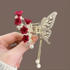 Luxury Butterfly Hair Claw Clip with Sparkling Rhinestones, Velvet Flowers